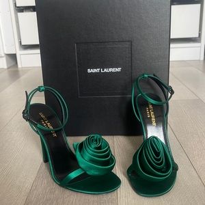 Saint Laurent Green Ivy Flower Blue 100 Satin Sandal
